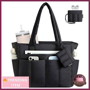 Quilted Puffer Tote Bag with Zipper 15.6 Inch Work Laptop Handbag
